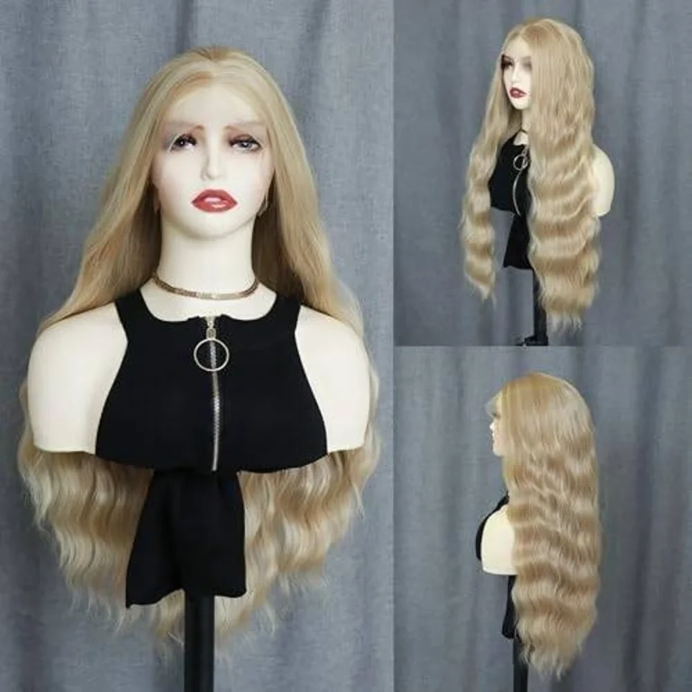 Long Blonde Lace Front Wig Deep Wave Synthetic‎ Hair Honey